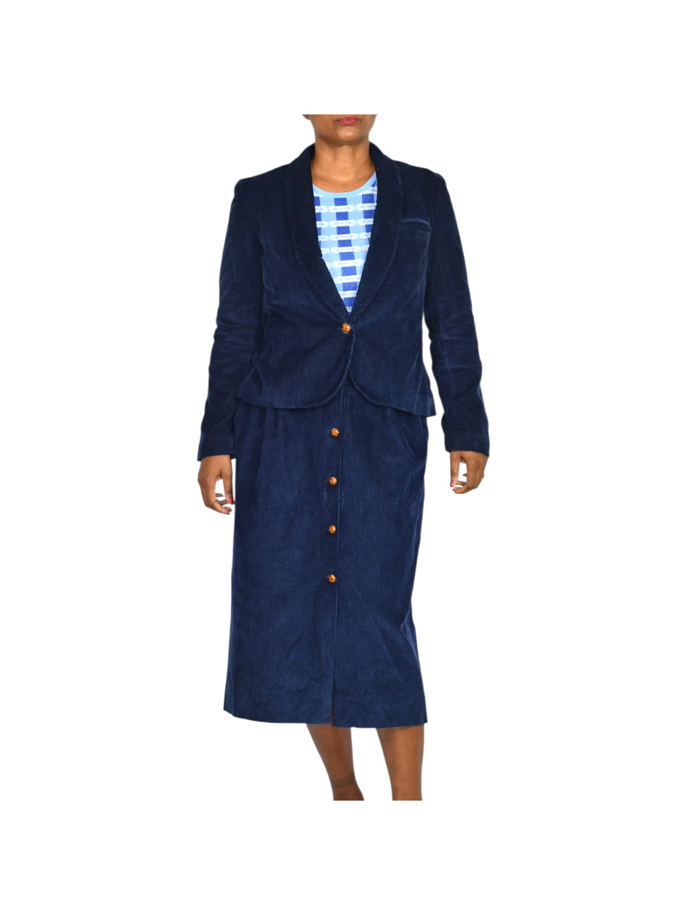 Young Traditions Vintage Corduroy Skirt Suit Set Blue Blazer Jacket Midi Small